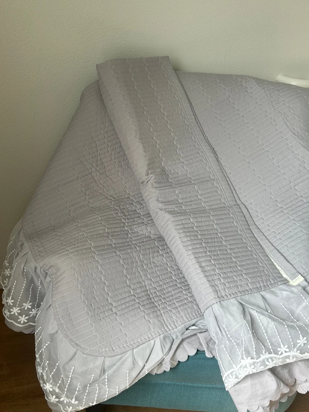 NWT Ziranban Gray Quilted Floral Lace Ruffle Bedspread Coverlet Full Queen